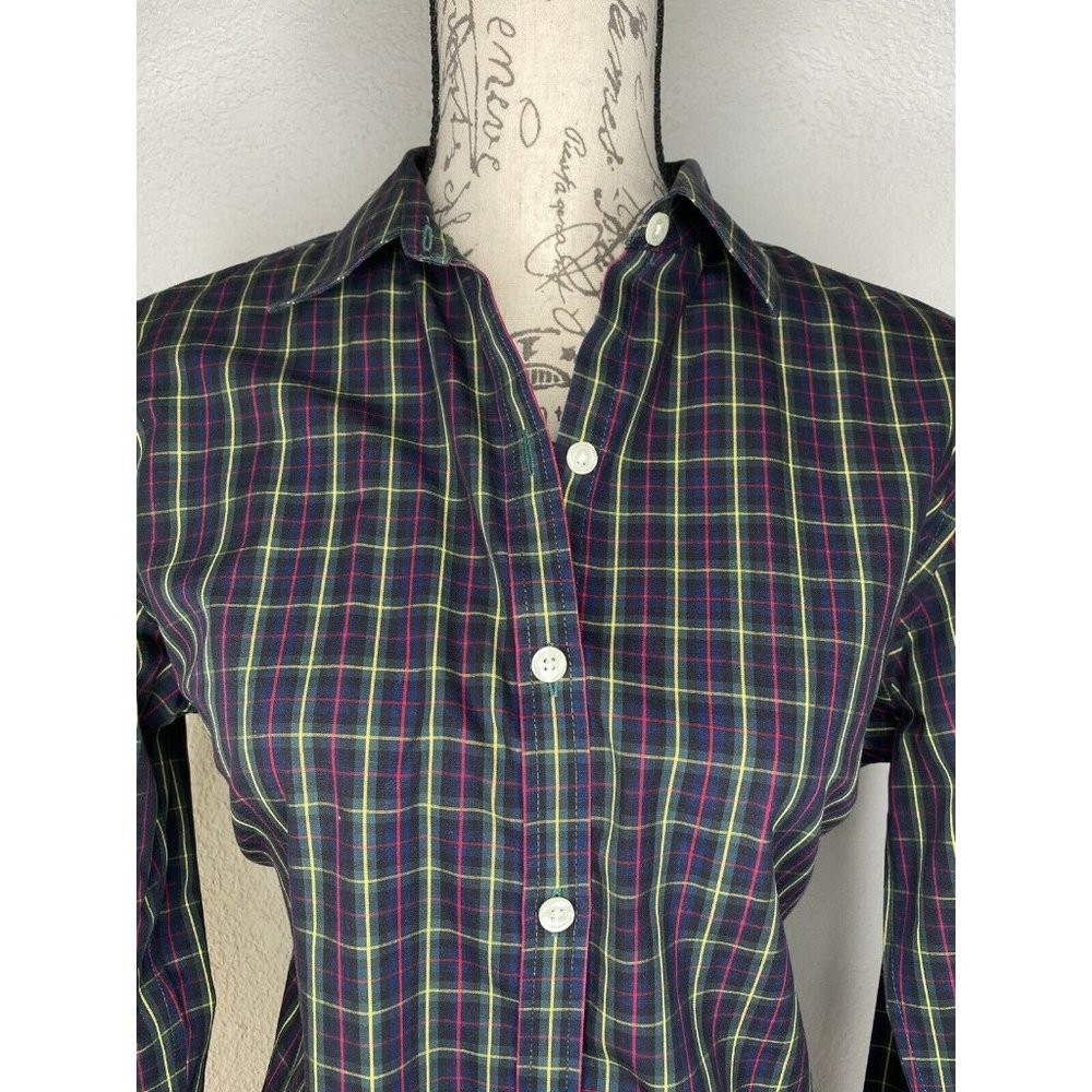LL Bean Plaid Shirt Button Down Womens Size Small Wrinkle Resistant Navy Green